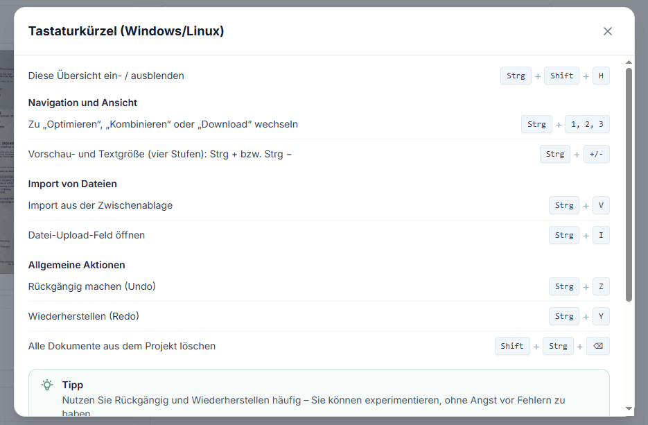 Tastaturkürzel-Dialog: Navigation, Import und allgemeine Aktionen