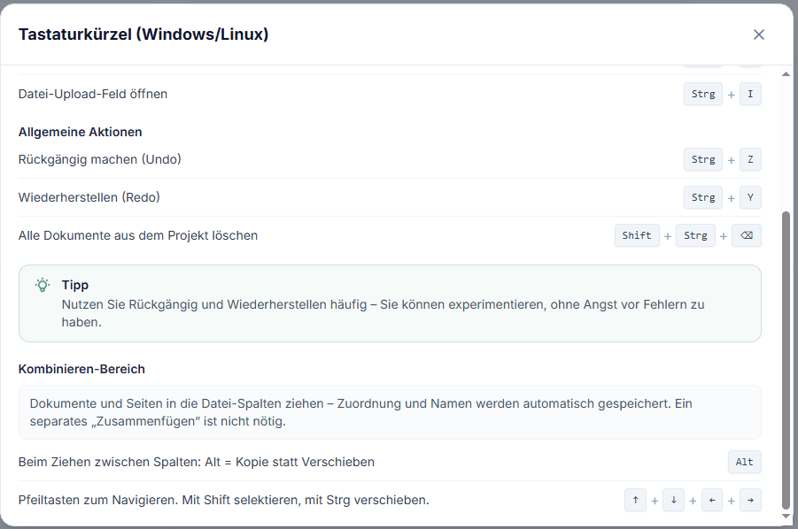 Tastaturkürzel-Dialog: Tipp und Kombinieren-Bereich